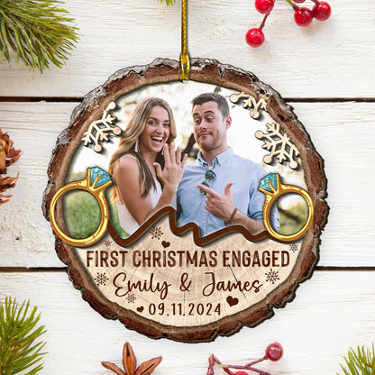 Custom Engagement Photo with Rings 2-Layer Wood Slice Ornament