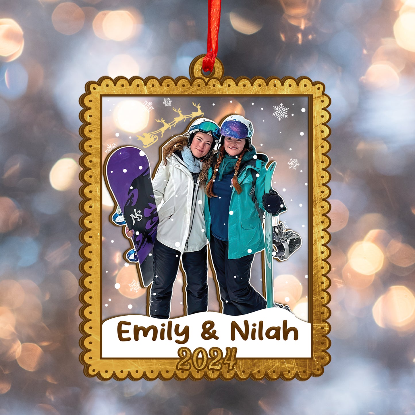 Custom Snow Boarding Photo Wood and Acrylic Ornament