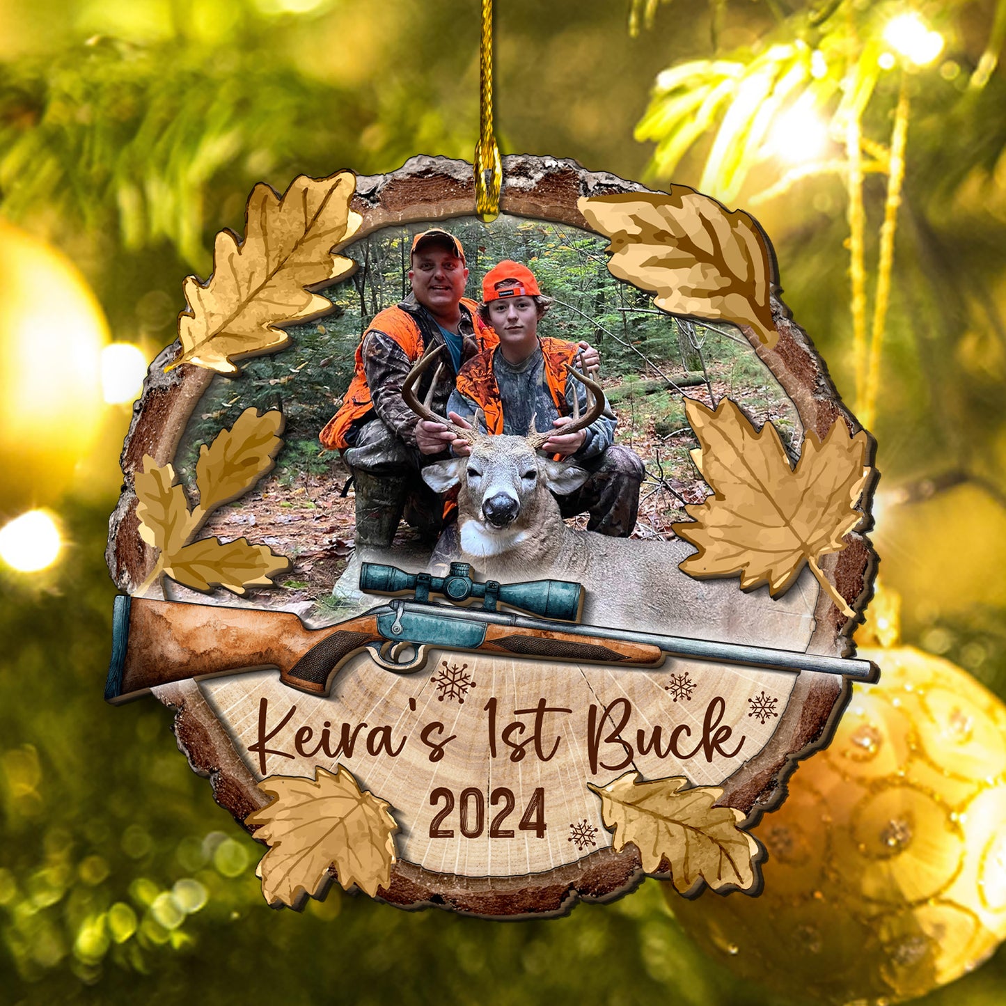 Custom Hunting Photo Vintage Leaves 2-Layer Wood Slice Ornament