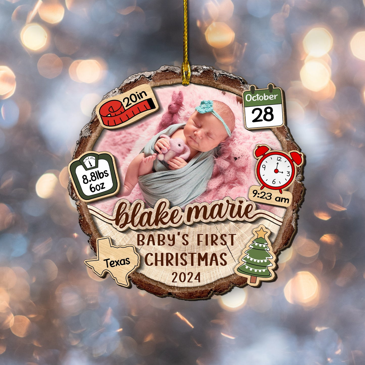 Custom Baby Photo Stats 2-Layer Wood Ornament