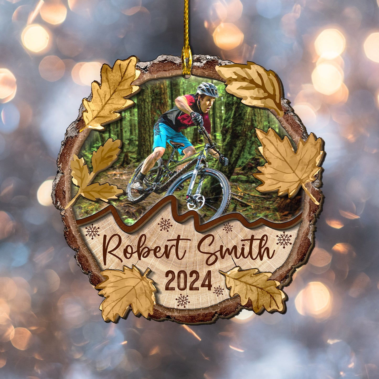 Custom Photo Mountain Biking 2-Layer Wood Slice Ornament