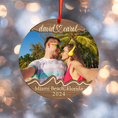 Custom Couple Photo Traveling Wood and Acrylic Ornament