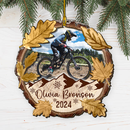 Custom Mountain Biking Photo 2-Layer Wood Slice Ornament