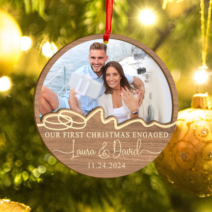 Custom Photo First Christmas Engaged Wood and Acrylic Ornament