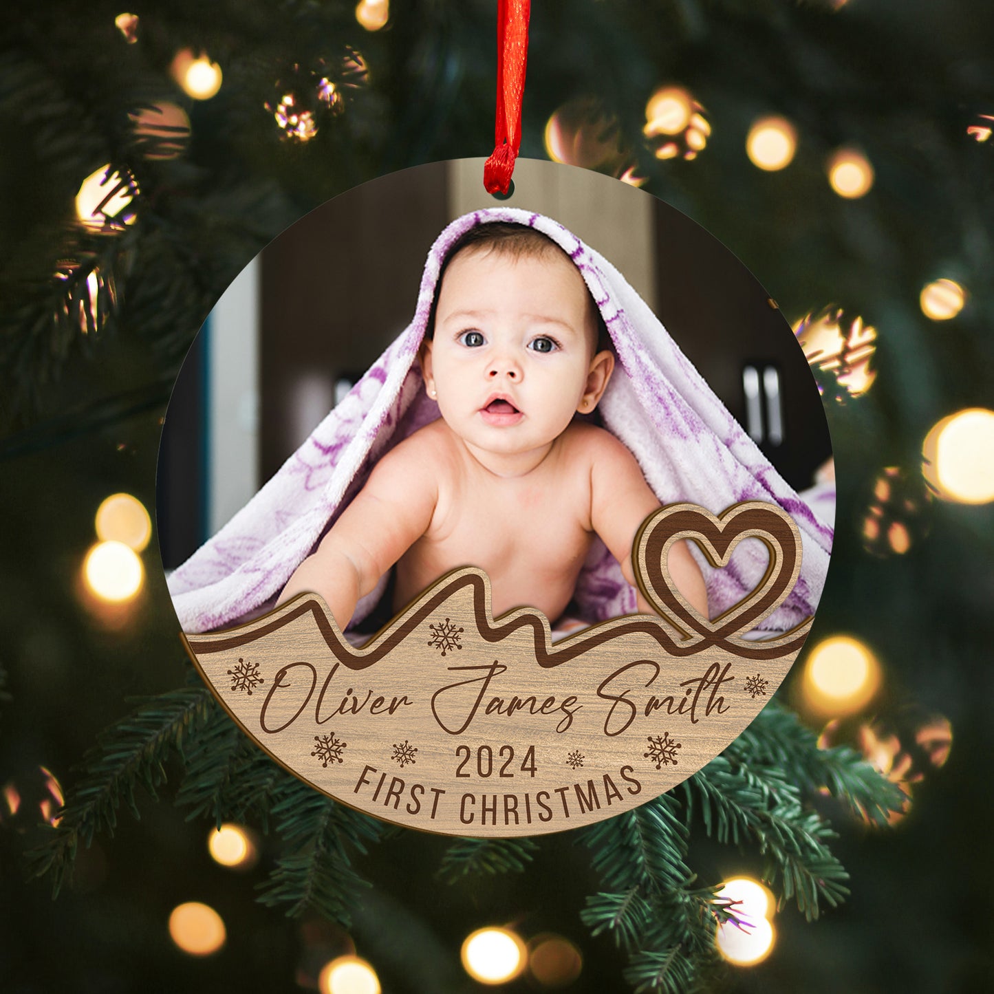 Custom Photo Baby First Christmas Wood and Acrylic Ornament