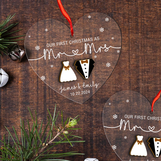 Custom Our First Christmas As Mr And Mrs Wood and Acrylic Ornament