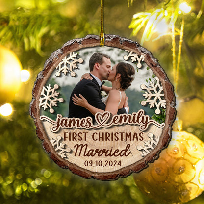 Custom Wedding Photo 2-Layer Wood Slice Ornament