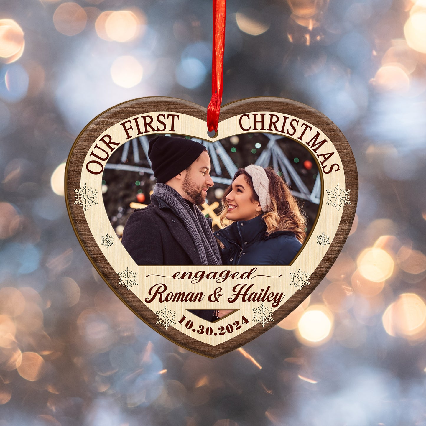 Custom Photo Couple Our First Christmas Wood and Acrylic Ornament