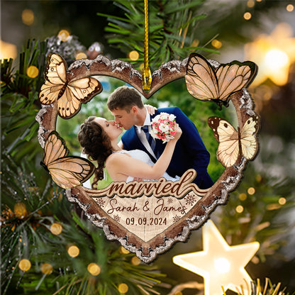 Custom Wedding Photo Heart Shape 2-Layers Wood Slice Ornament