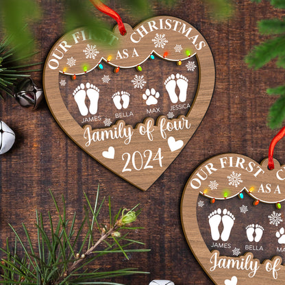 Custom First Christmas As A Family  of 3,4,5 Footprints Wood and Acrylic Ornament