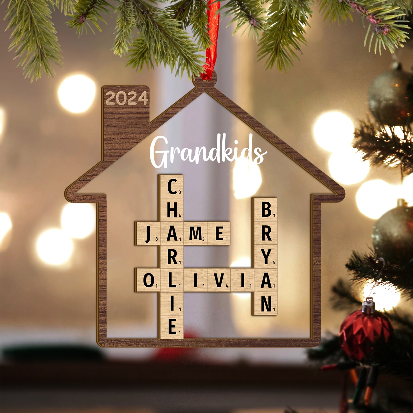 Custom Family Crossword Wood and Acrylic Christmas Ornament