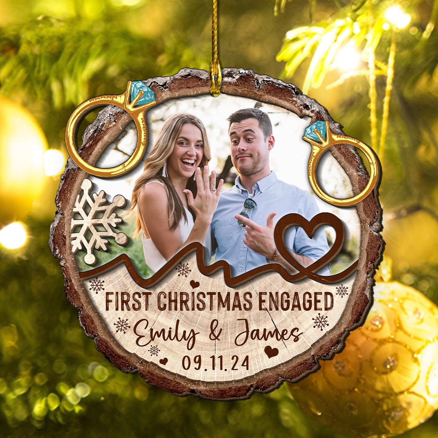 Custom Engaged Couple Photo with Rings 2-Layer Wood Slice Ornament