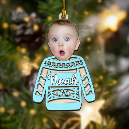 Custom Face Photo Funny Ugly Sweater 2-Layer Wood Ornament