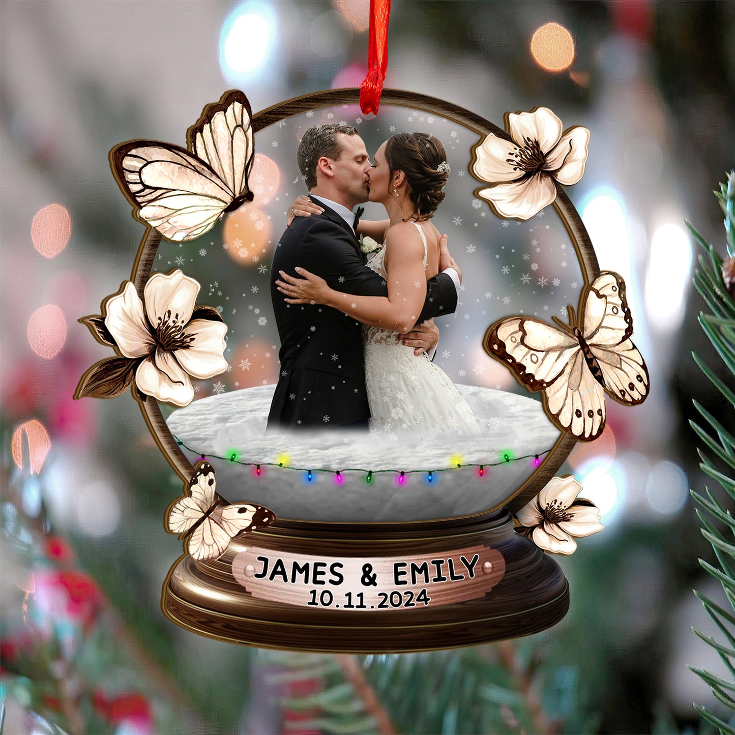 Custom Wedding Photo Snowball Wood and Acrylic Ornament