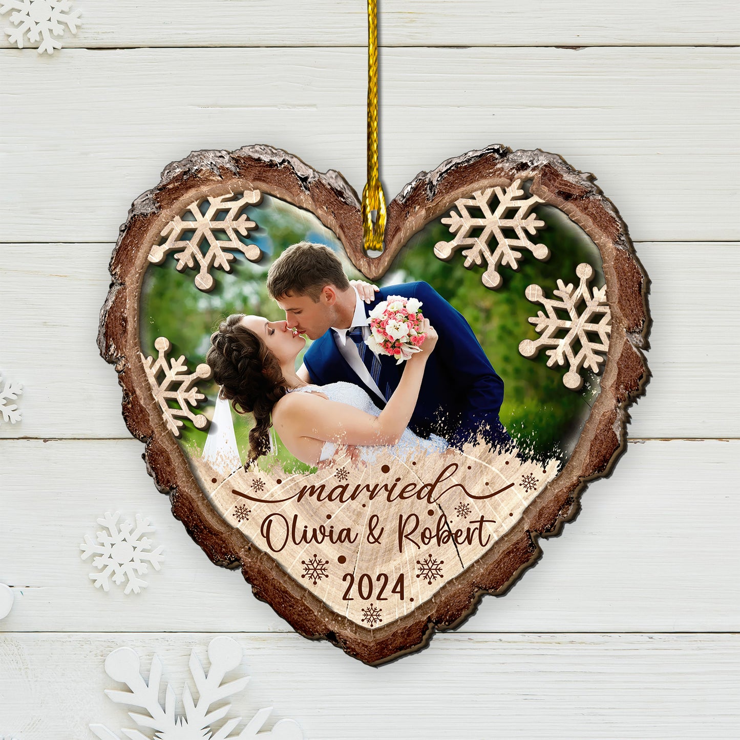 Custom Wedding Photo Heart Shape 2-Layer  Wood Slice Ornament