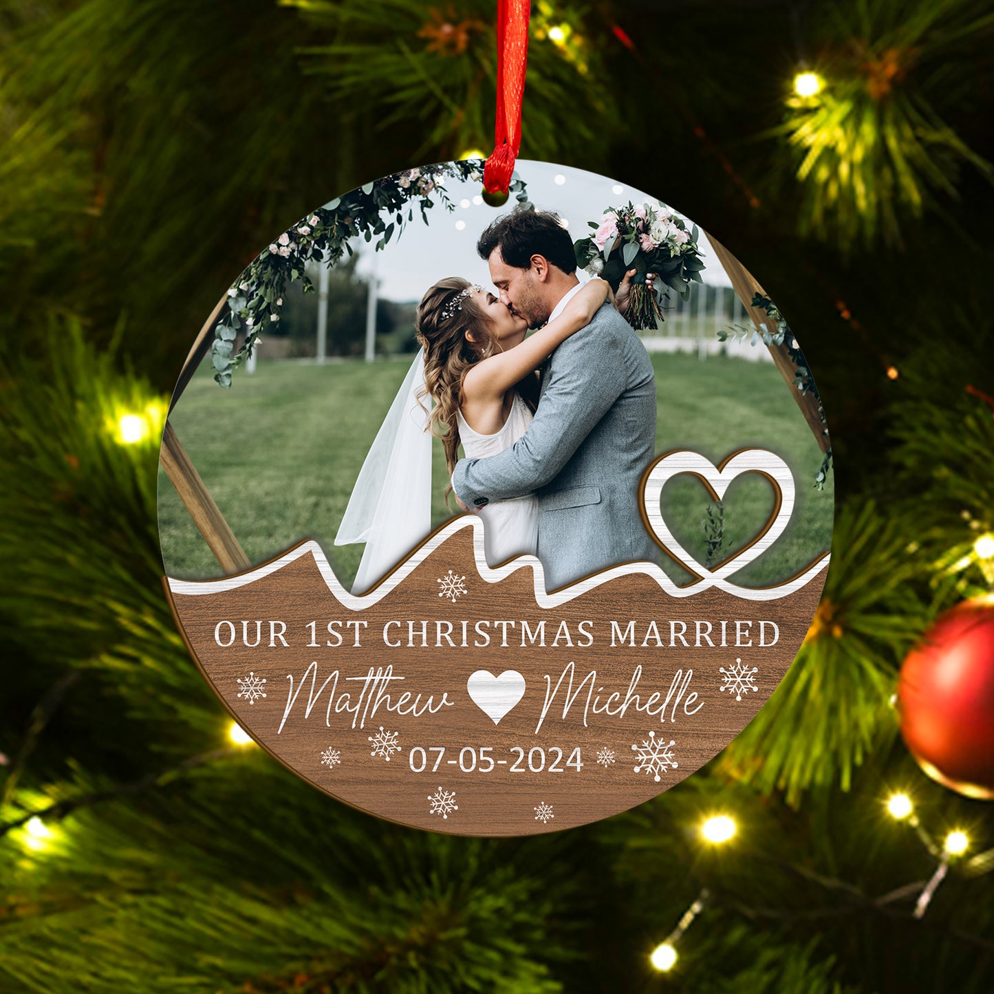 Custom Photo First Christmas Married Wood and Acrylic Ornament