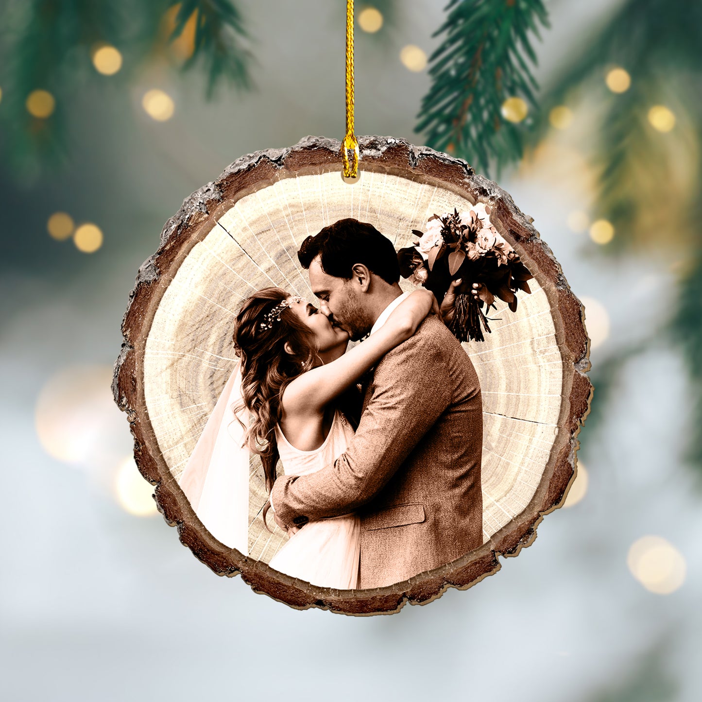 Custom Photo Couple Sketch Art  Wood Slice Ornament