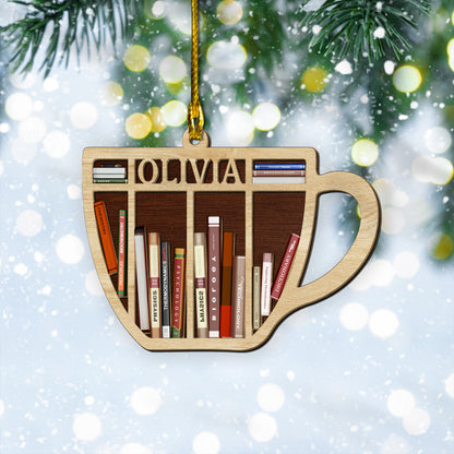 Custom Name Books Coffee Cup 2-Layer Wood Ornament