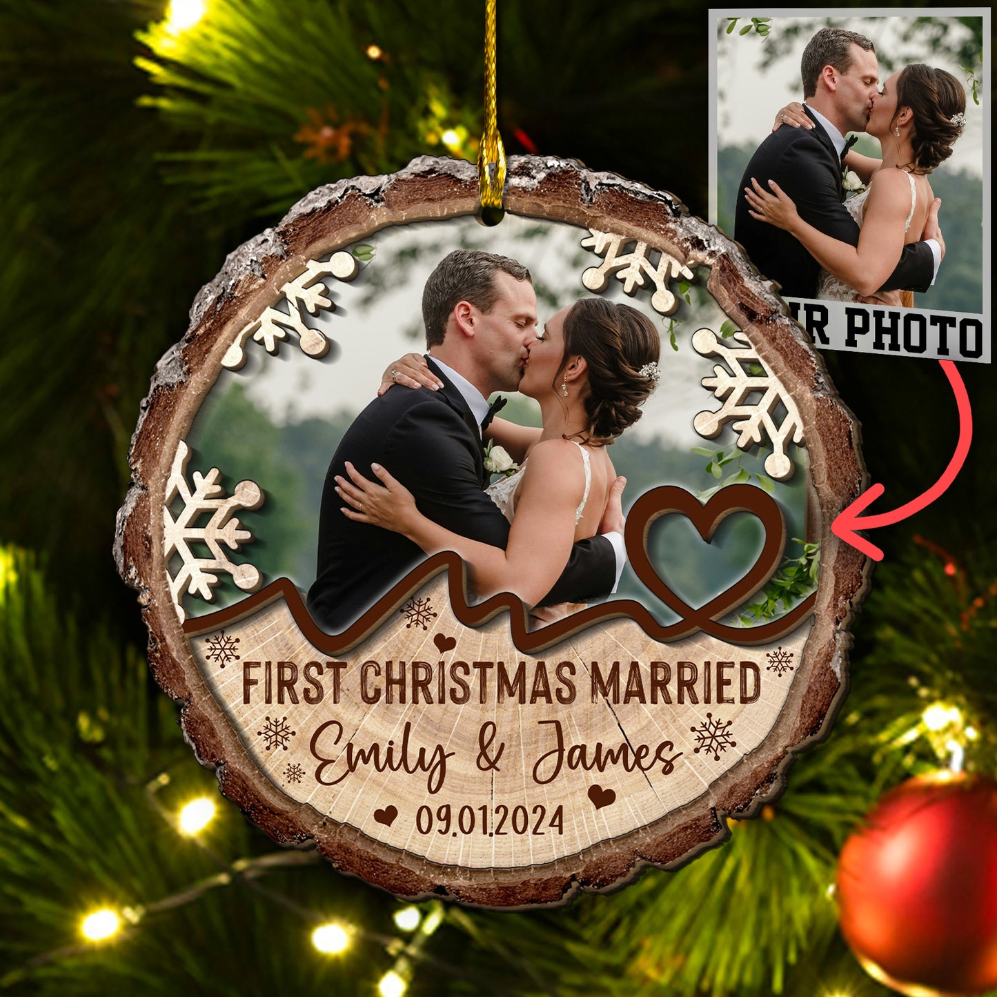 Custom Wedding Photo 2 Layers Wood Ornament