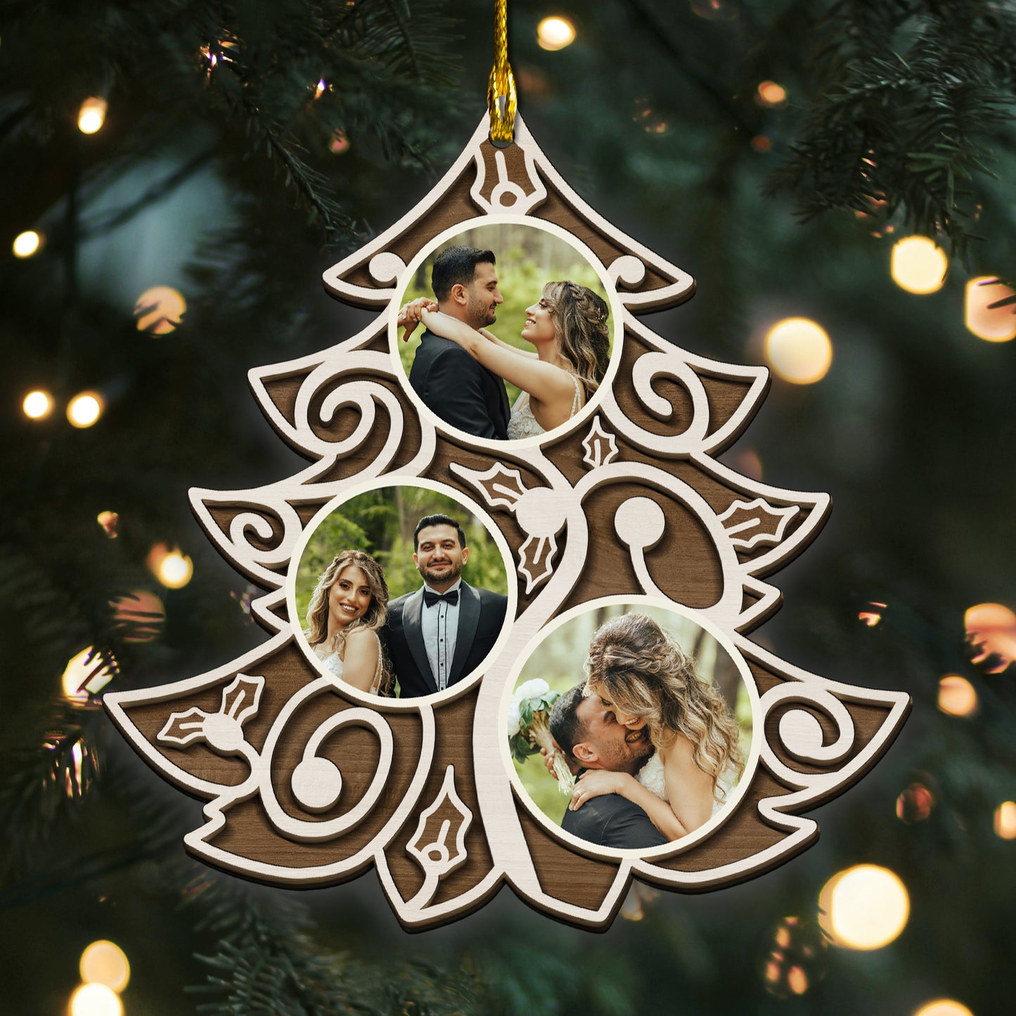 Custom Wedding Photos Christmas Tree 2-Layer Wood Ornament