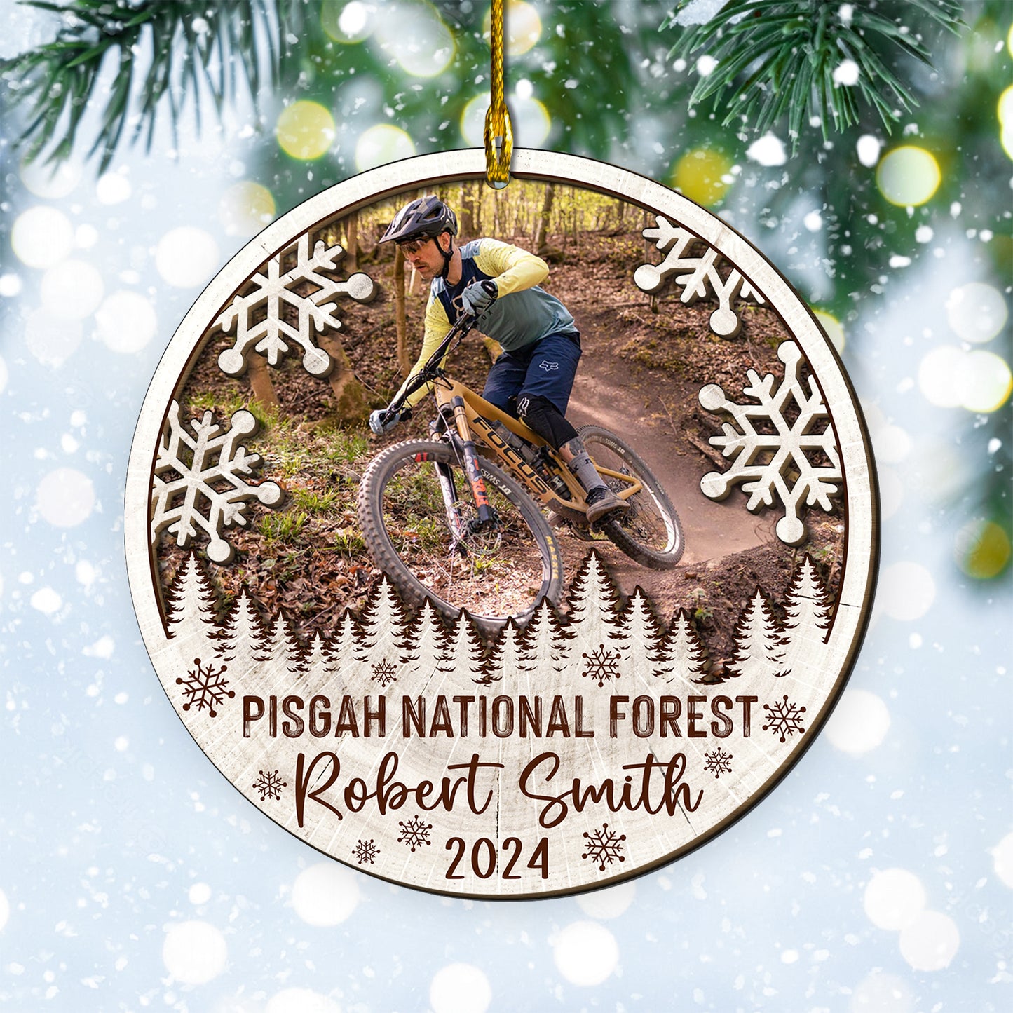 Custom Mountain Biking Photo 2-Layer Wood Ornament