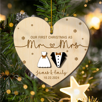 Custom Couple Name Our 1st Christmas As Mr And Mrs 2 Layers Wood Ornament