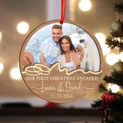 Custom Photo First Christmas Engaged Wood and Acrylic Ornament