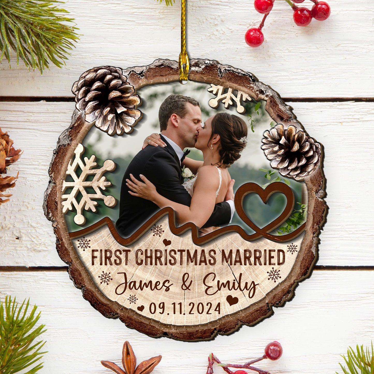 Custom Wedding Photo 2-Layer Wood Ornament