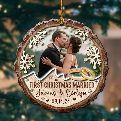 Custom Wedding Photo Rings 2-Layer Wood Slice Ornament