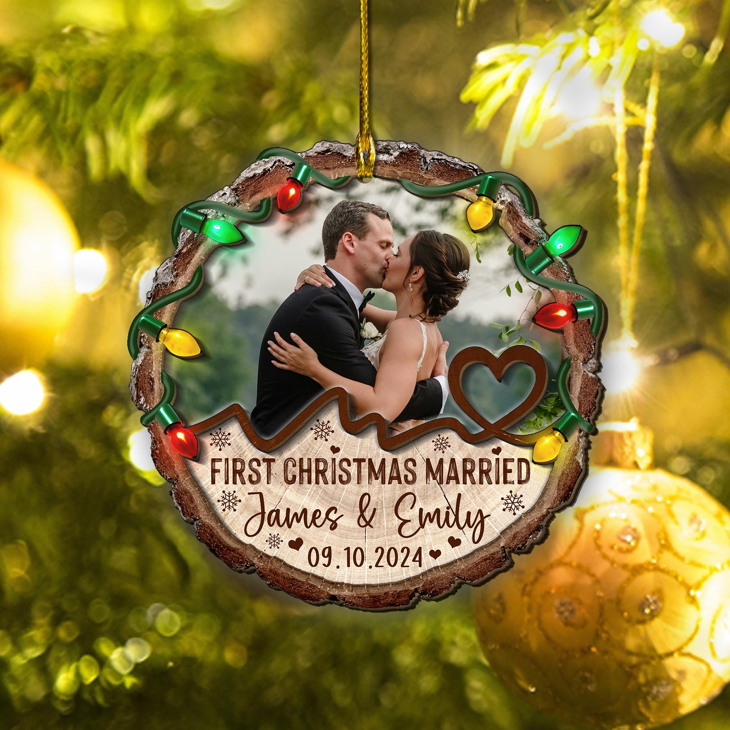 Custom Wedding Photo 2-Layer Wood Slice Ornament