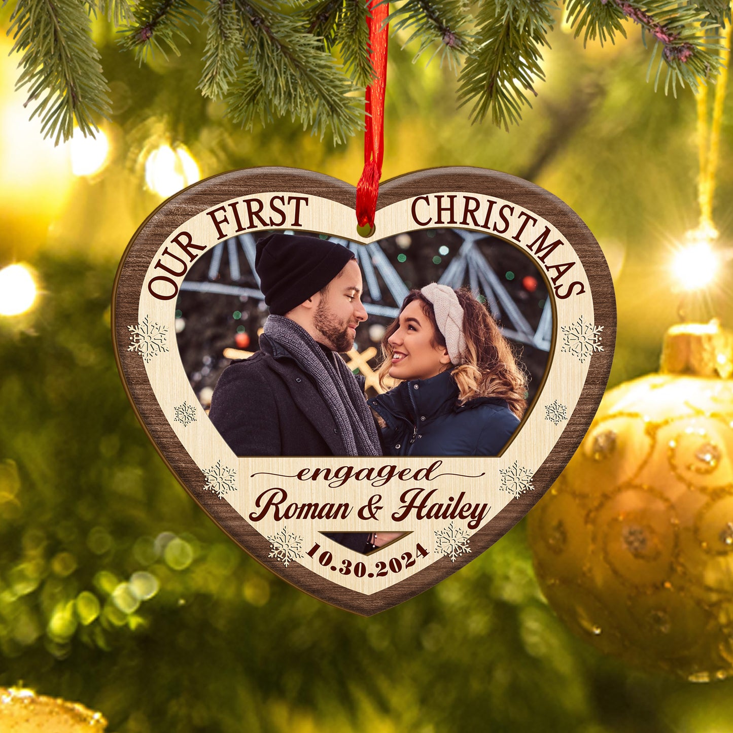 Custom Photo Couple Our First Christmas Wood and Acrylic Ornament