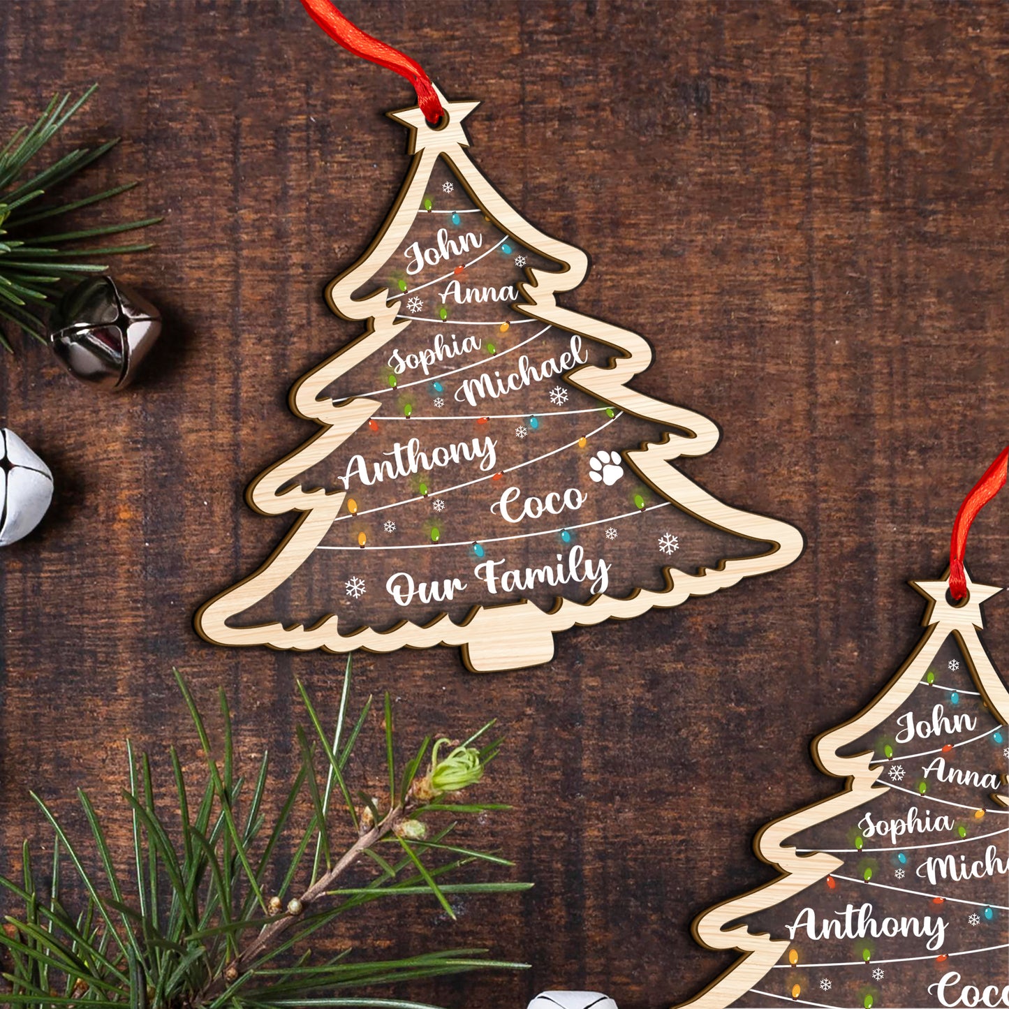 Custom Family Names Noel Tree Wood and Acrylic Ornament