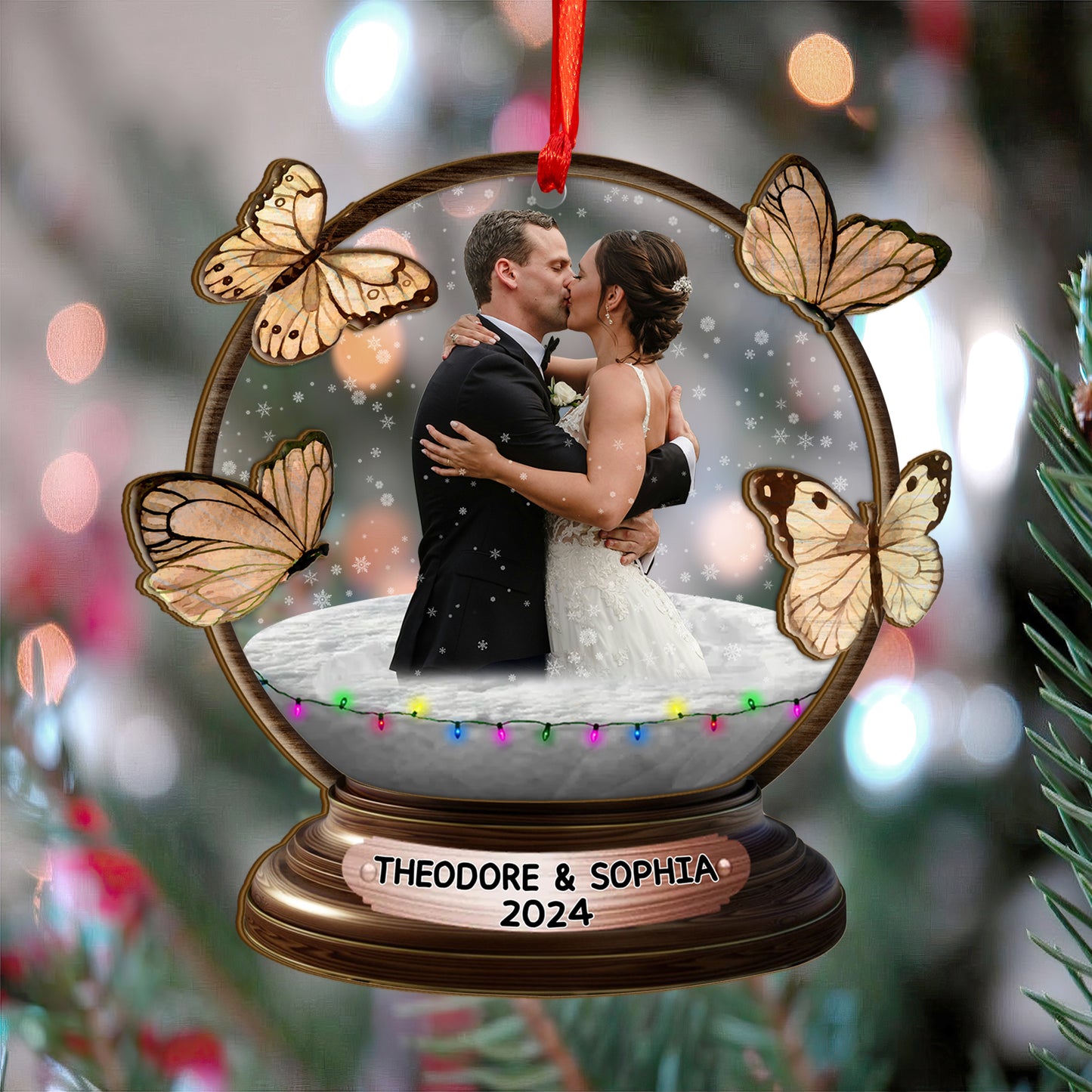 Custom Wedding Photo Butterfly Snowball Wood and Acrylic Ornament