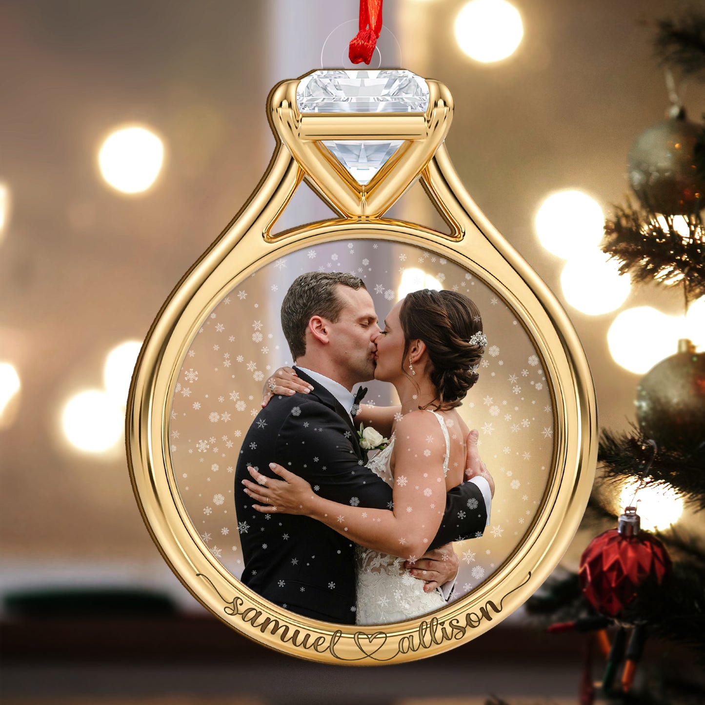 Custom Wedding Photo Ring Shape Wood and Acrylic Ornament