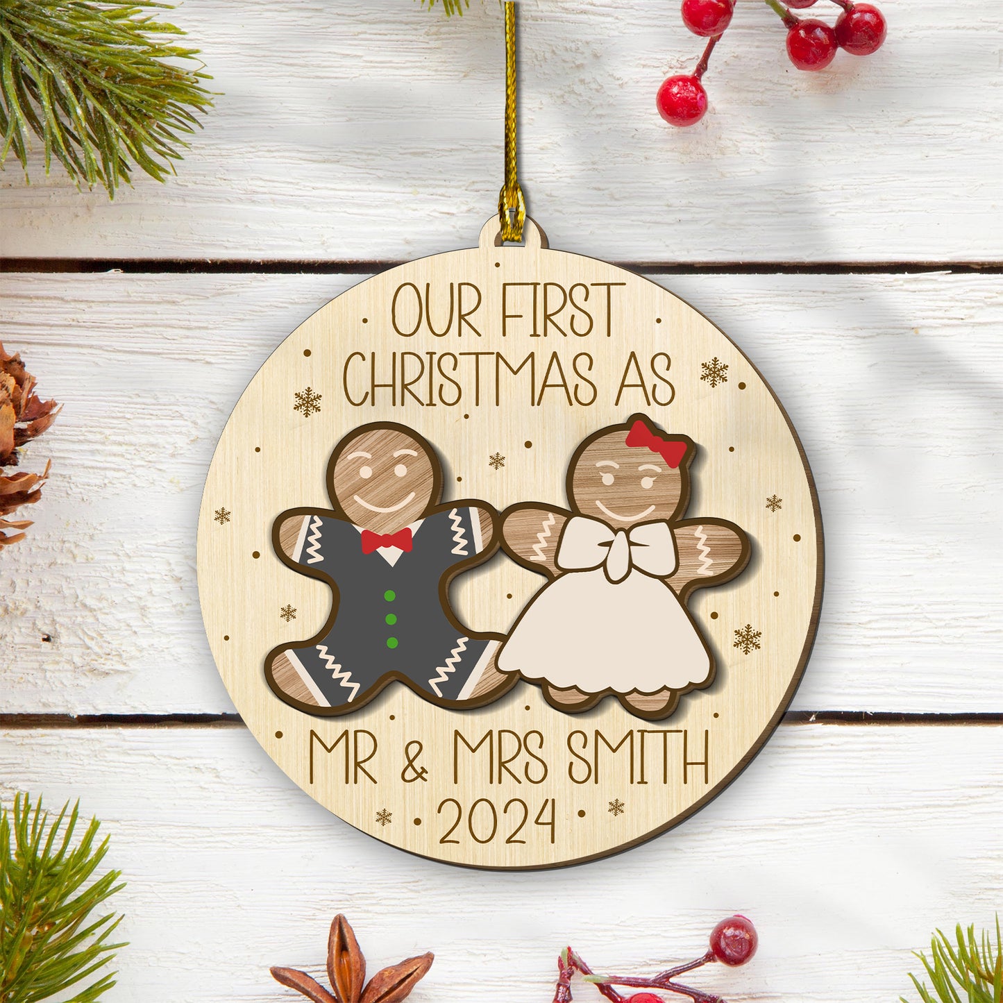 Custom Mr & Mrs Gingerbread 2-Layer Wood Ornament