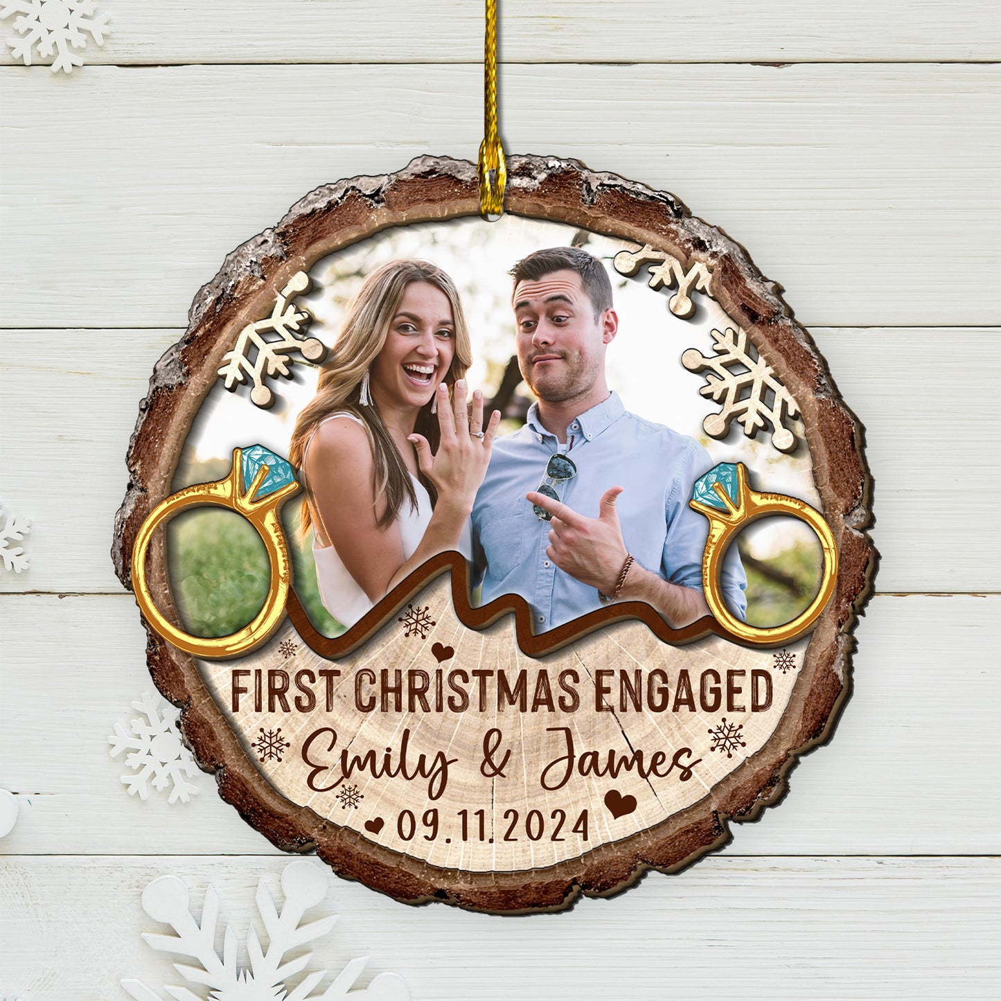 Custom Engagement Photo with Rings 2-Layer Wood Slice Ornament