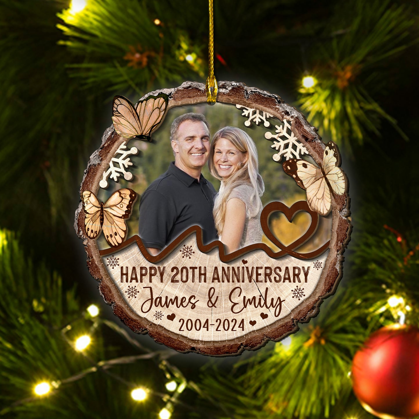 Custom Photo Couple Anniversary 2-Layer Wood Slice Ornament