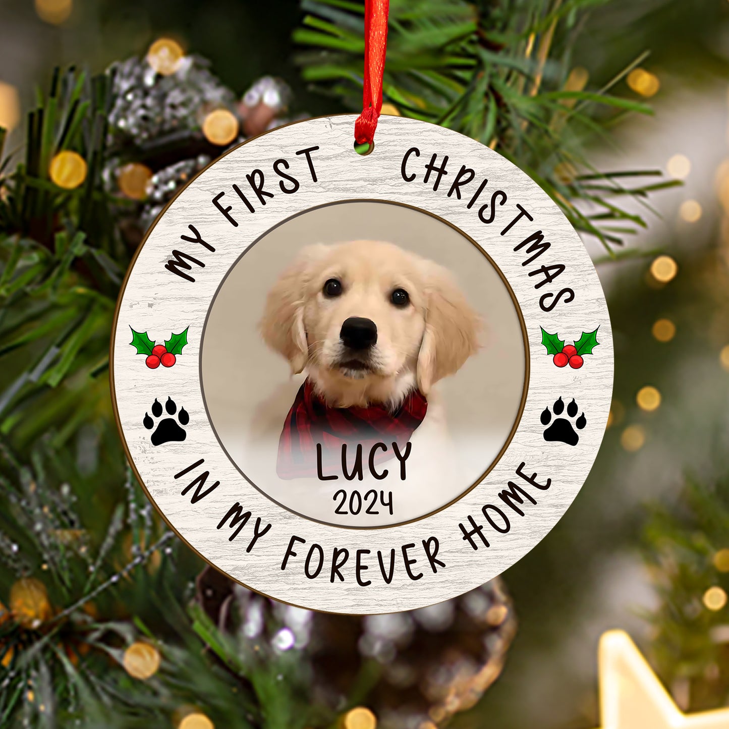 Custom Photo Dog First Christmas Wood and Acrylic Ornament