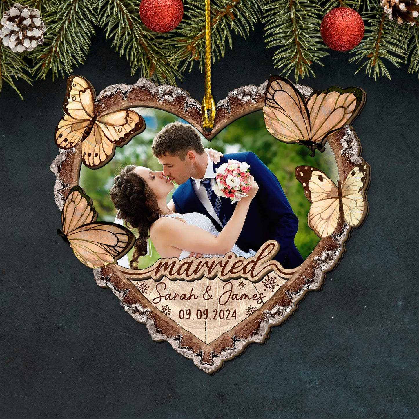 Custom Wedding Photo Heart Shape 2-Layers Wood Slice Ornament