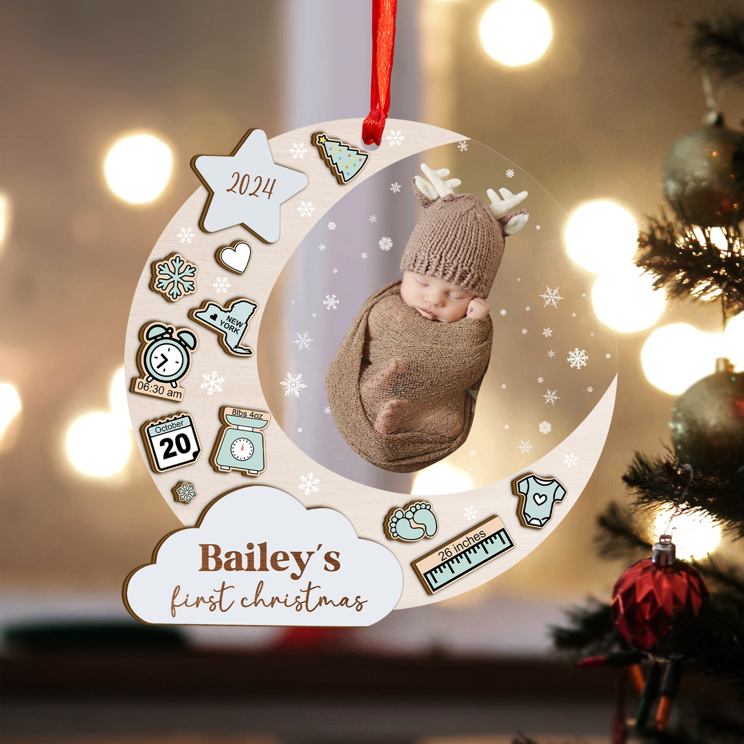 Custom Photo Baby Stats Moon Wood and Acrylic Ornament