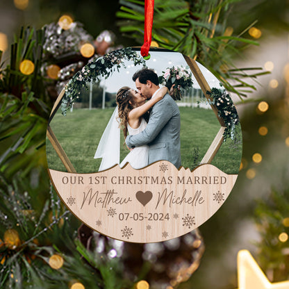 Custom Photo Our 1st Christmas Married Wood and Acrylic Ornament