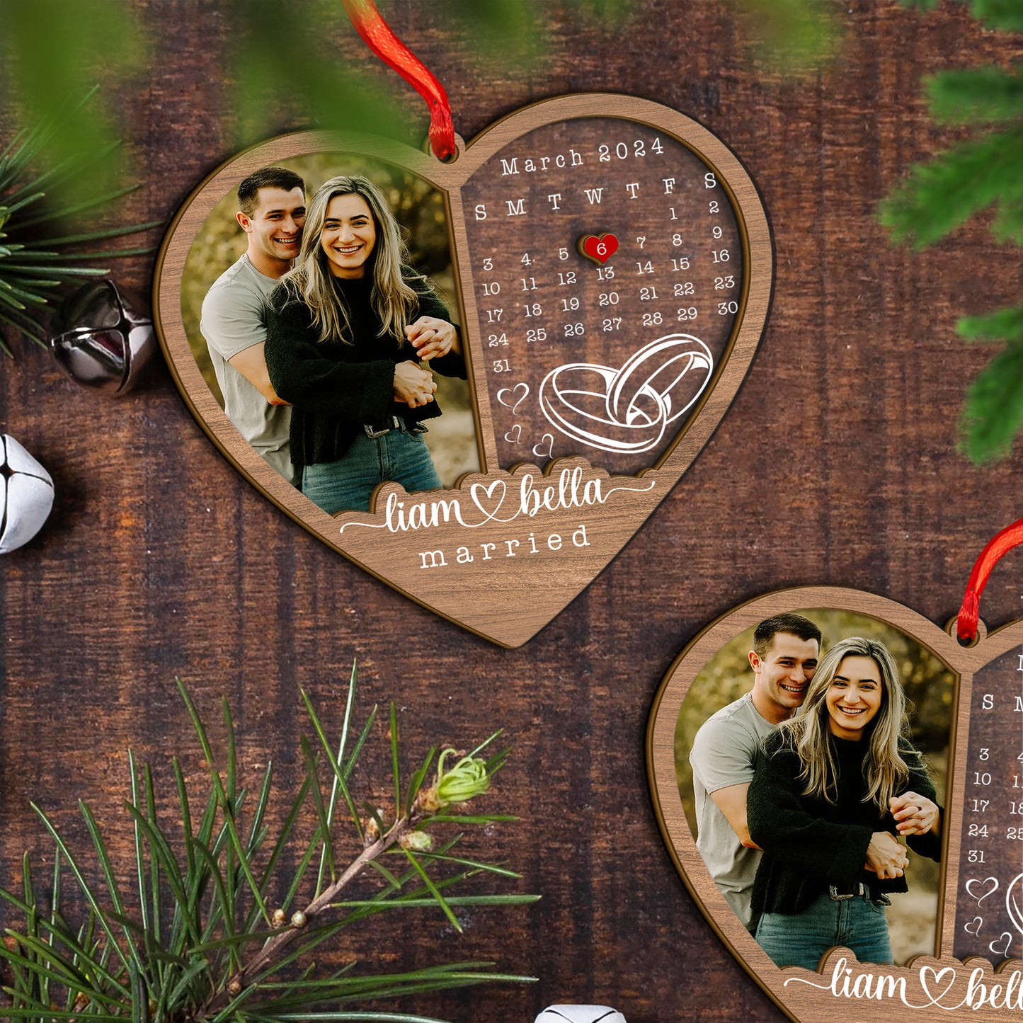 Custom Couple Wedding Photo And Calendar Wood and Acrylic Ornament