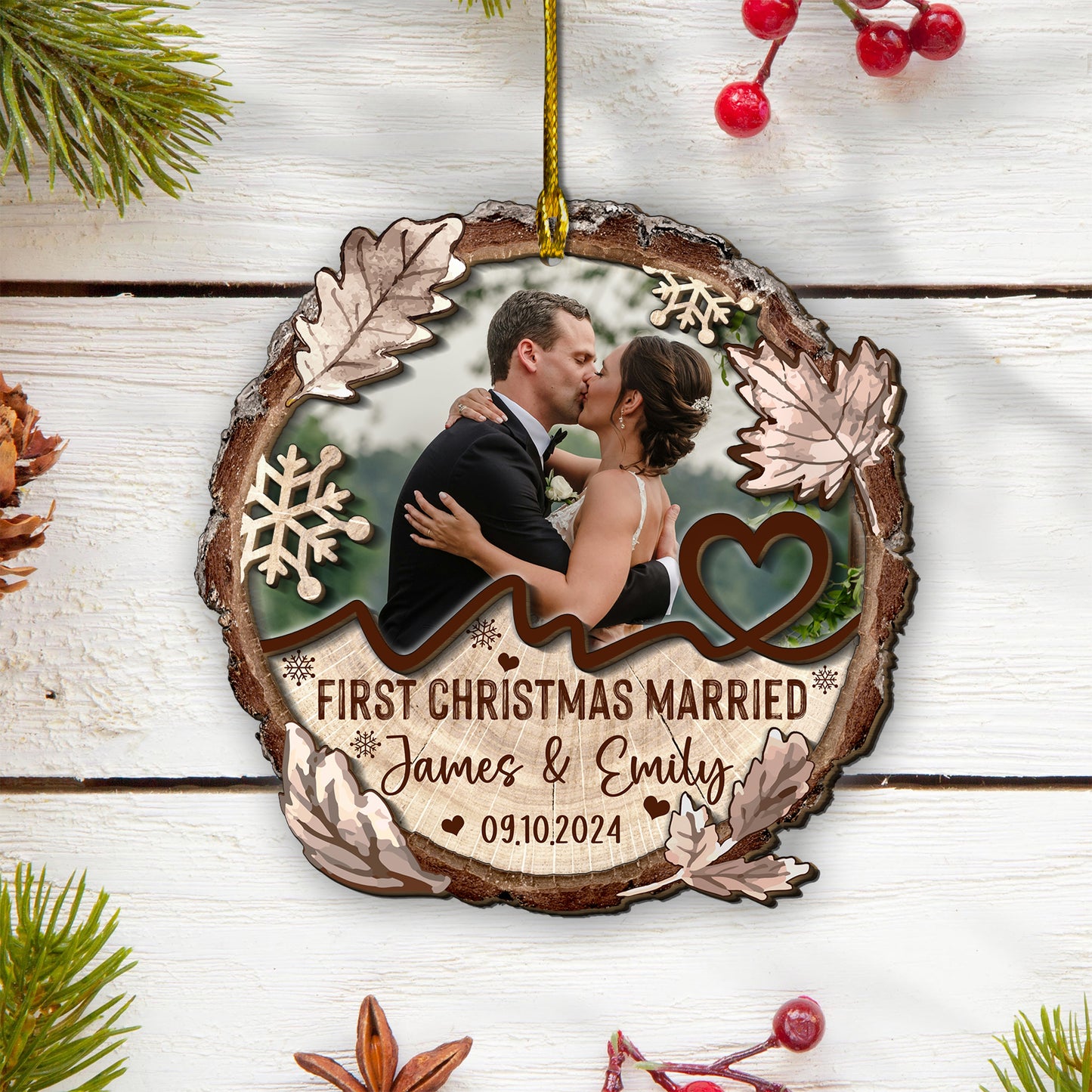 Custom Wedding Photo 2-Layer Wood Ornament