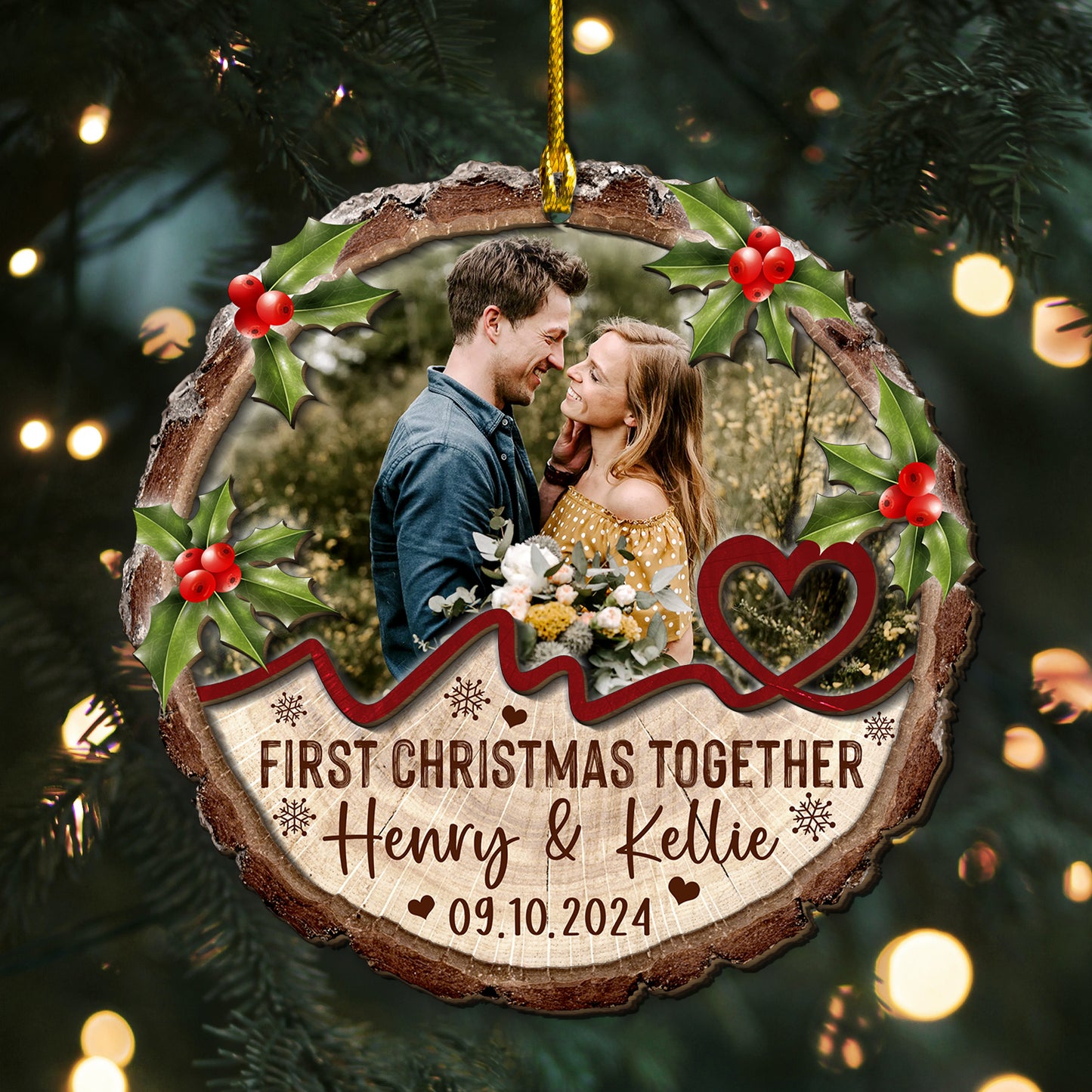 Custom Couple Photo 2-Layer Wood Slice Ornament