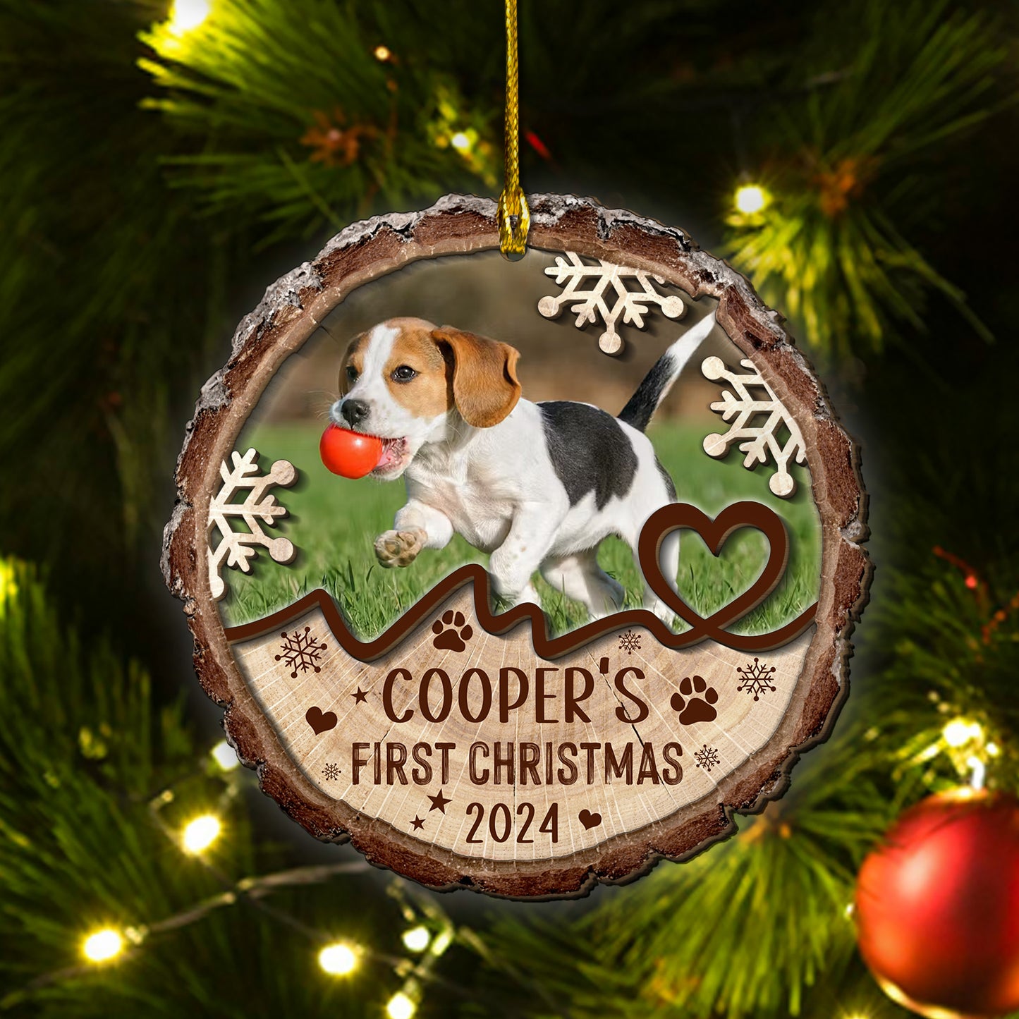 Custom Dog Photo First Christmas 2-Layer Wood Ornament