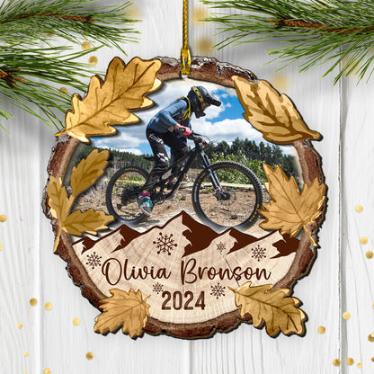 Custom Mountain Biking Photo 2-Layer Wood Slice Ornament