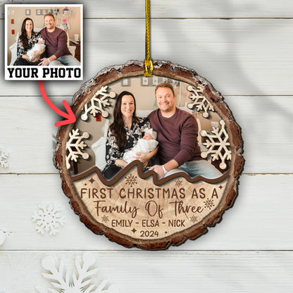 Custom Photo First Christmas As A Family Of Three 2-Layer Wood Ornament