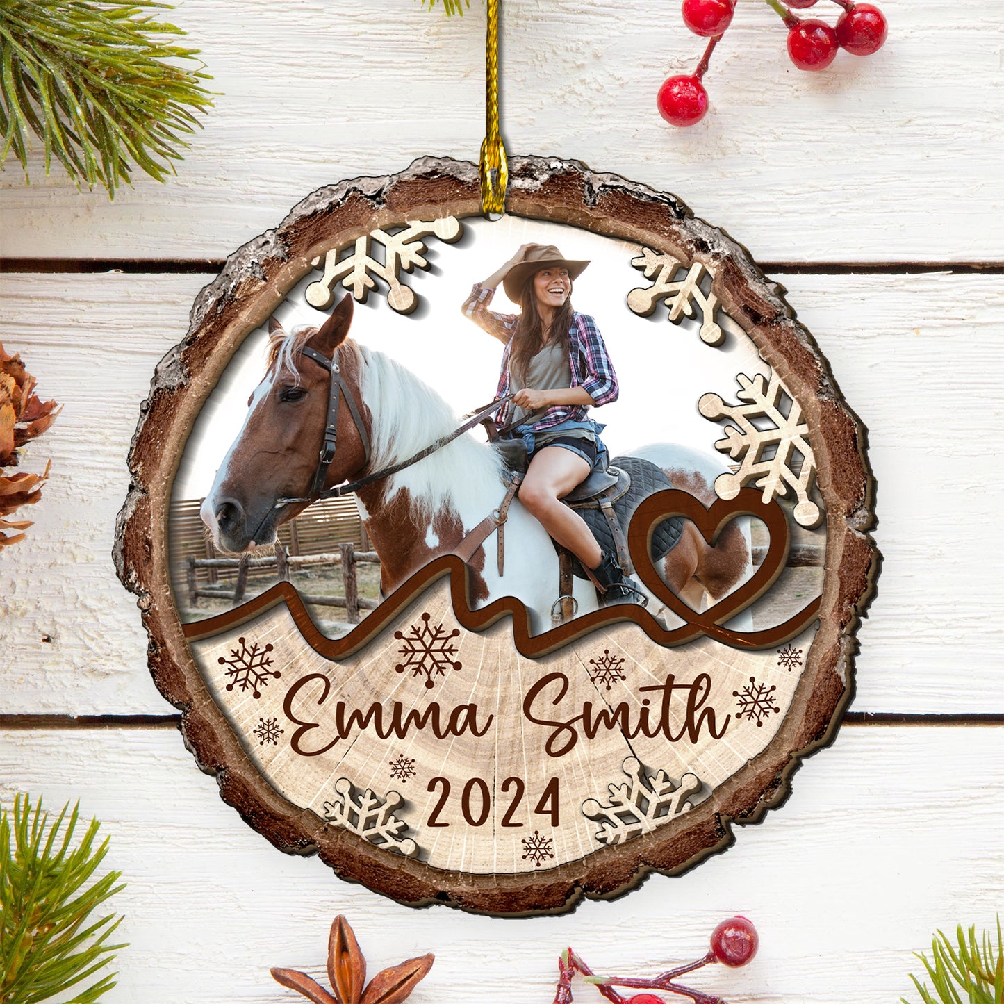 Custom Horse Riding Photo 2-Layers Wood Slice Ornament