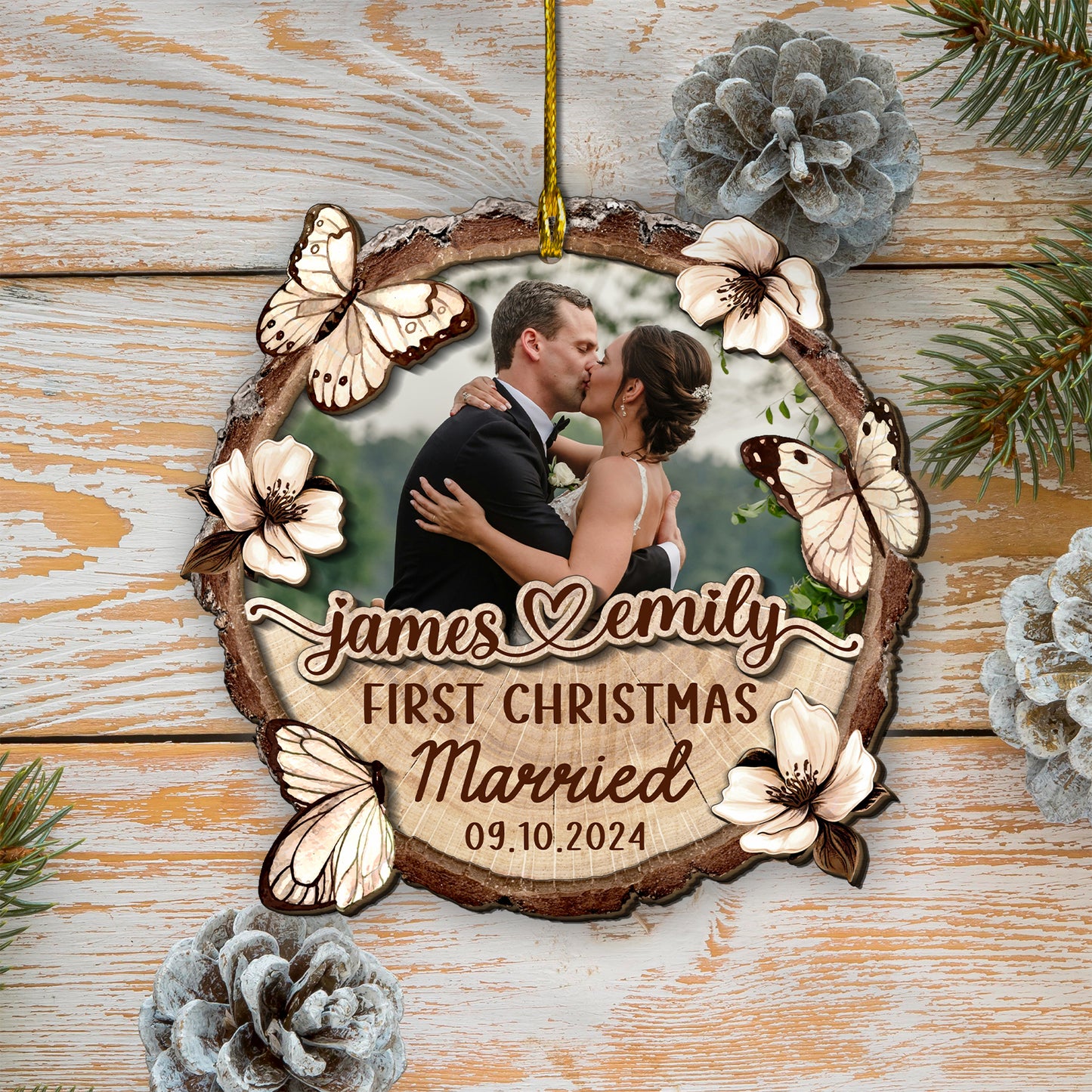 Custom Wedding Photo 2-Layer Wood Slice Ornament