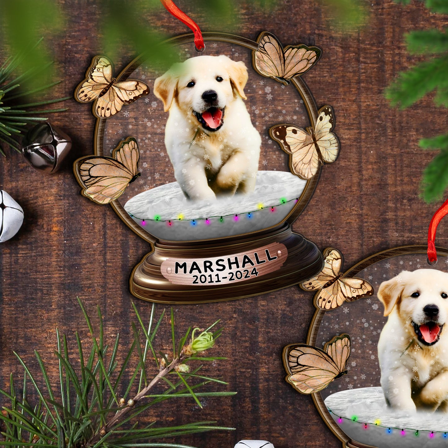 Custom Memorial Dog Photo Snowball Wood and Acrylic Ornament